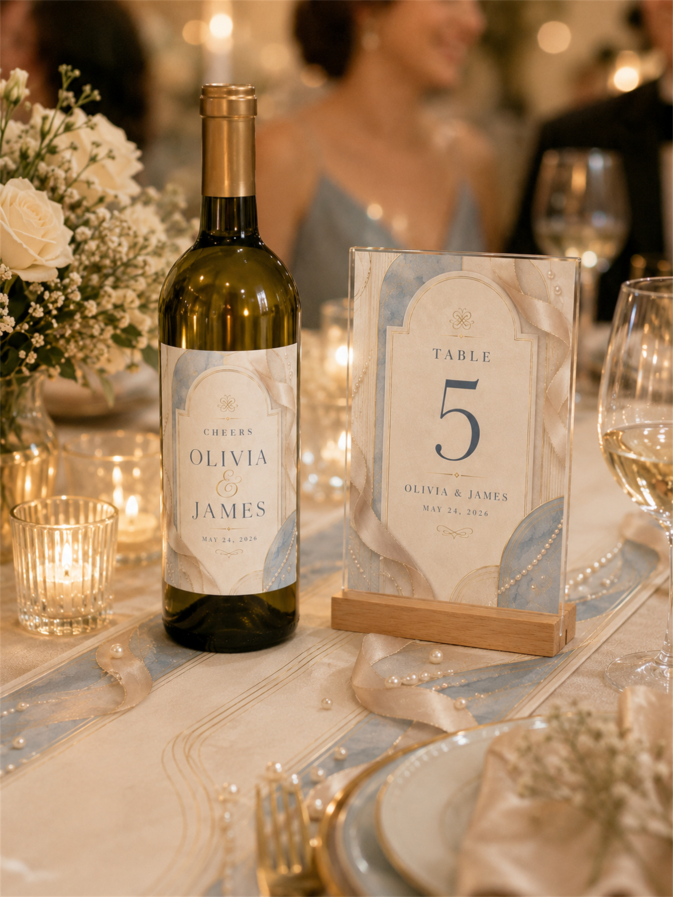 Elegant gray-blue and champagne gold wedding decorations - romantic and elegant wedding - arched frame design with ribbons and pearls as embellishments - custom name and date